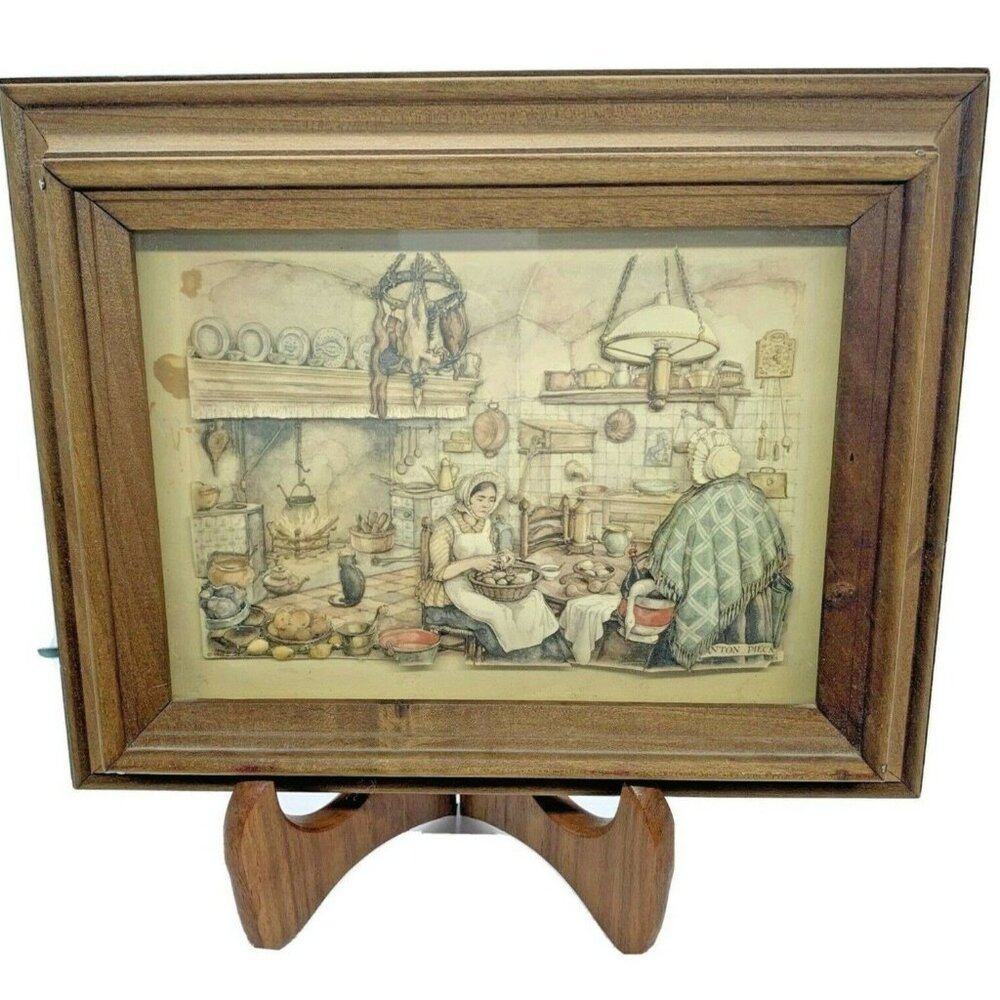 Vintage Anton Pieck 3D Shadowbox Diorama Two Women in a Kitchen Signed 8" X 10"